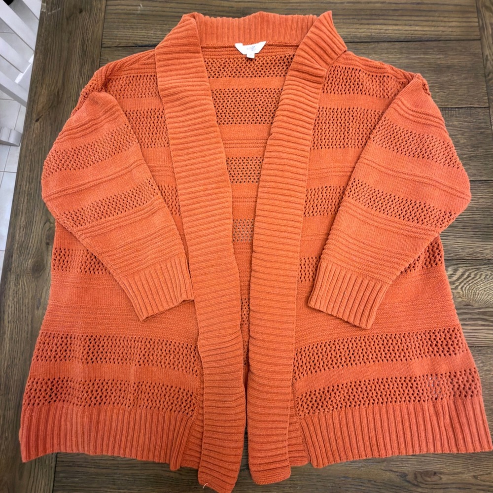 Terra & Sky Burnt Orange Pointelle Open Front Cardigan Shawl Collar 2X 20W-22W